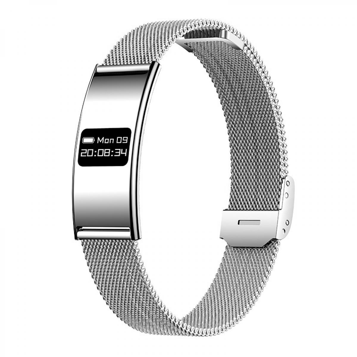Ein silberner Fitnesstracker mit Metallarmband und digitaler Anzeige für Zeit und Datum auf weißem Hintergrund.