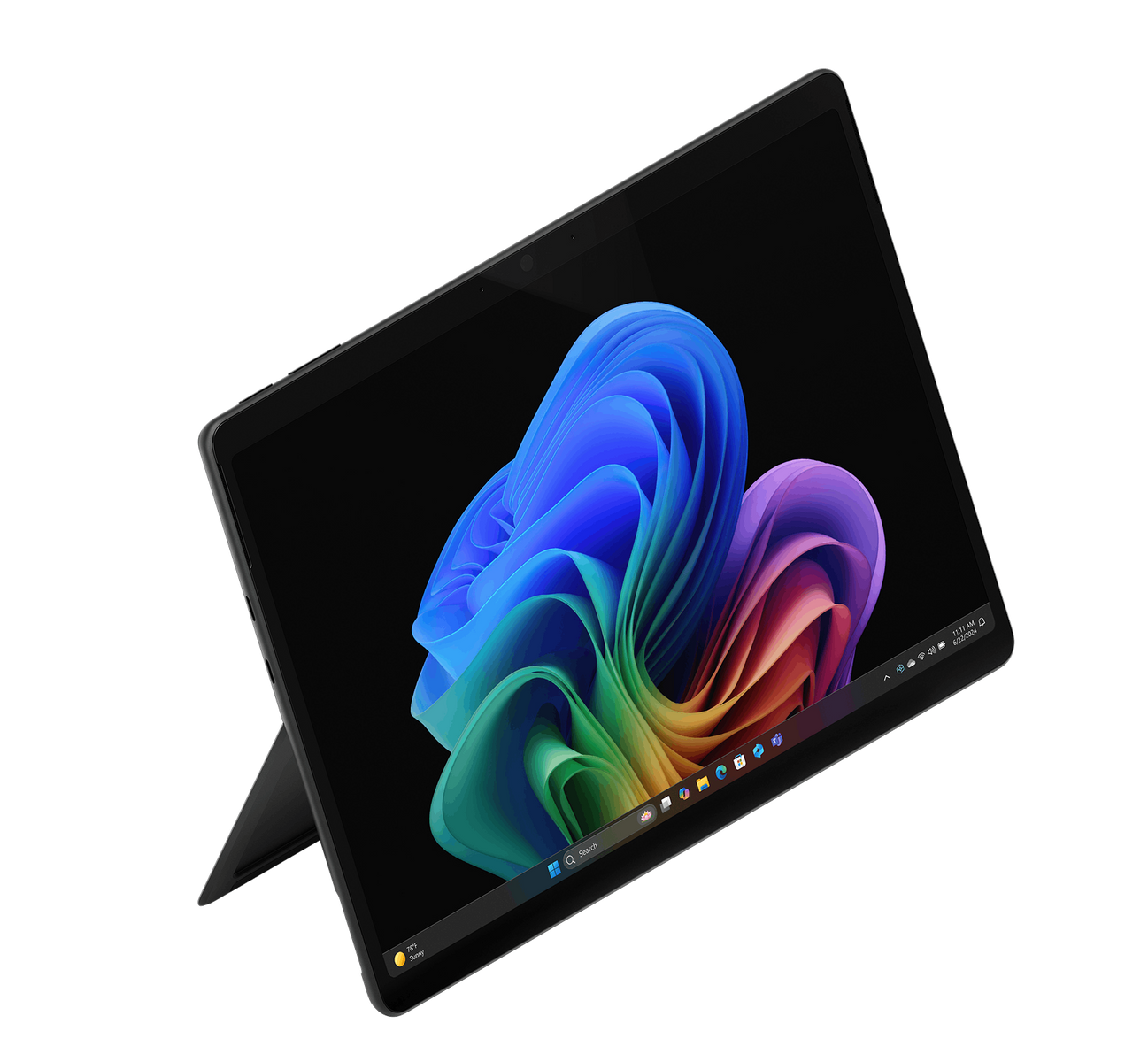 Una tableta negra en ángulo sobre un soporte con fondo negro, mostrando un colorido fondo de pantalla en espiral.