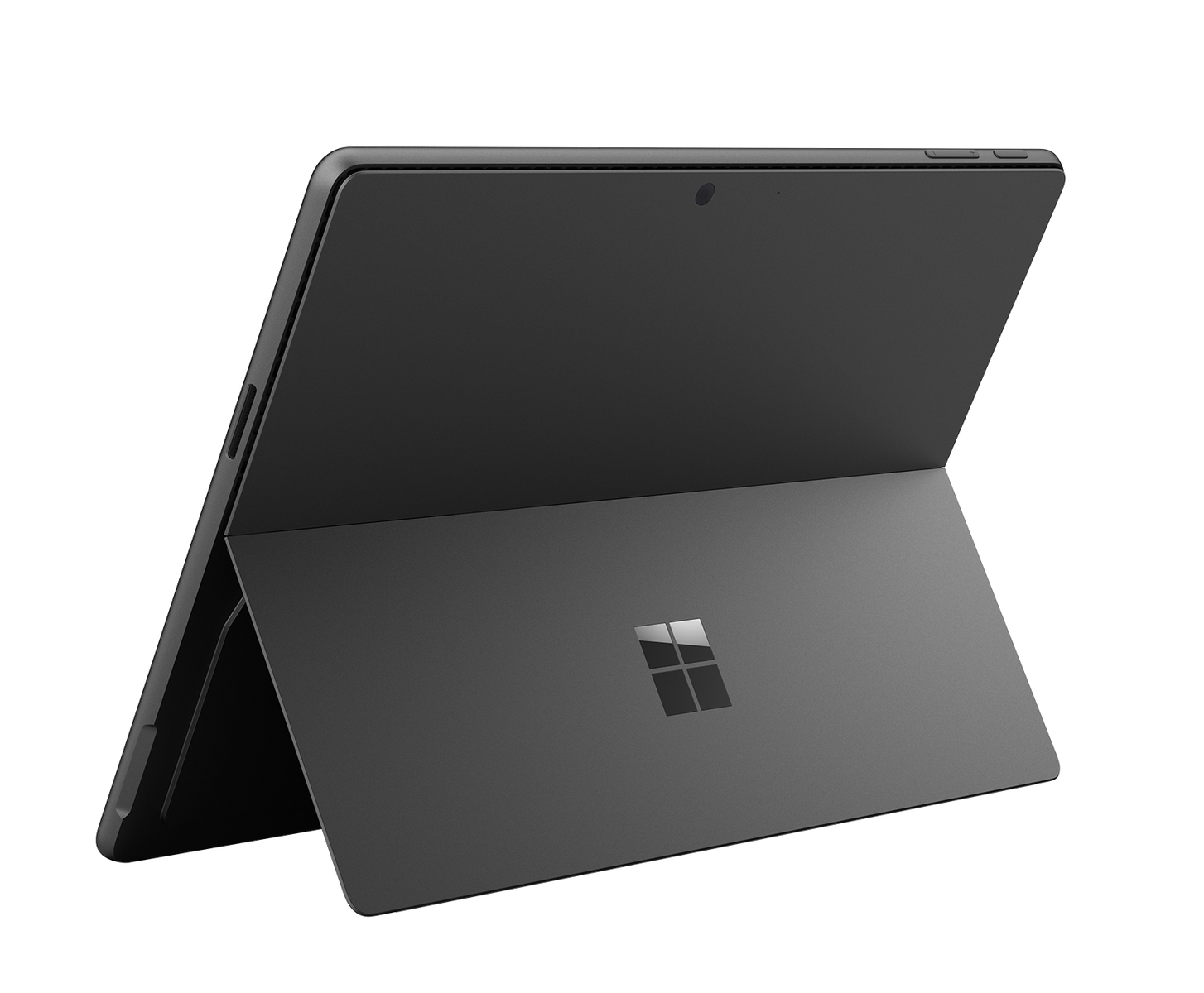 Una tableta gris Microsoft Surface se encuentra abierta con su soporte sobre un fondo negro.