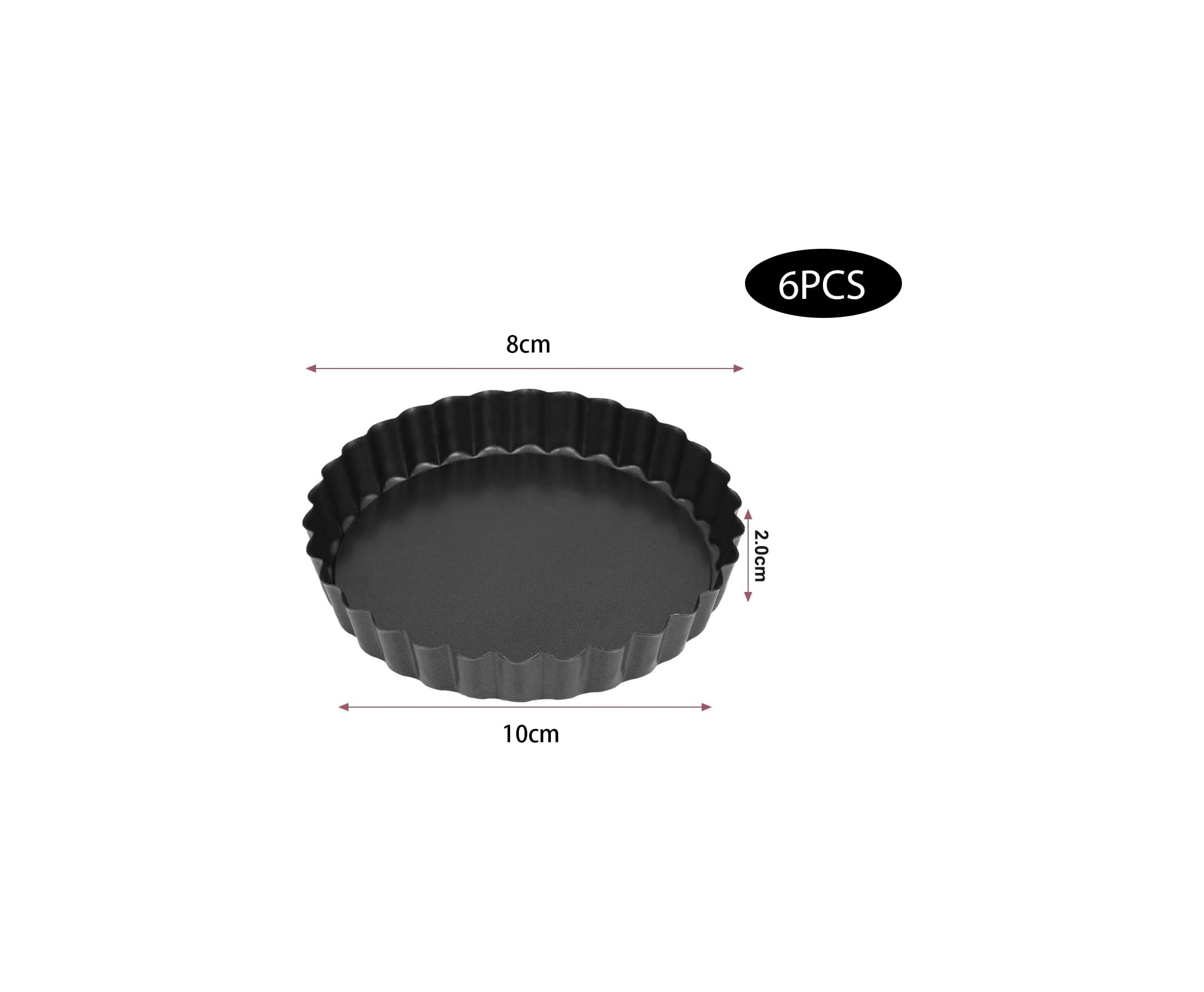 Schwarze Mini-Tartform aus Metall mit gewellten Rändern, 10 cm Durchmesser und 2 cm Höhe, zeigt Maßangaben.