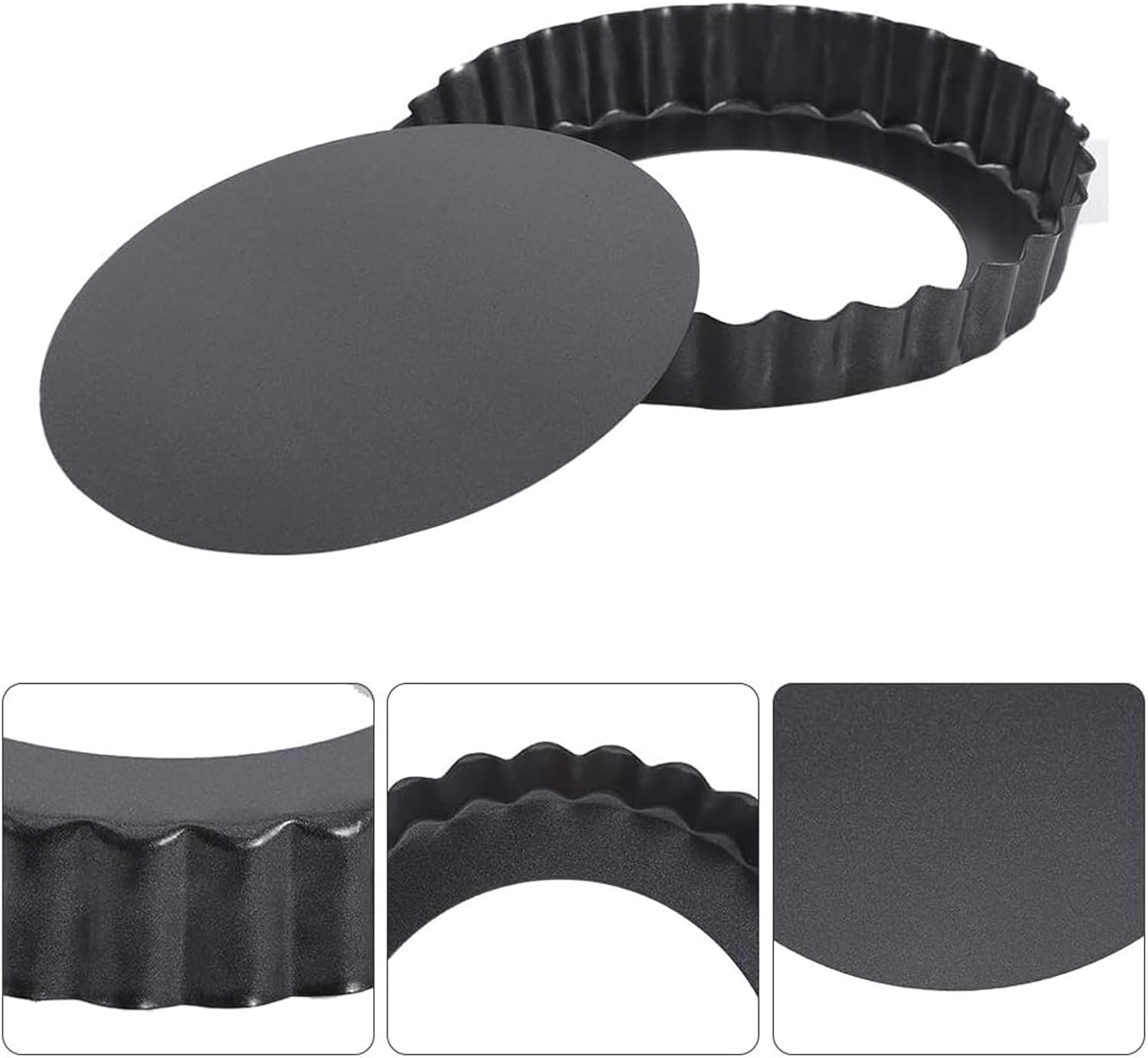Eine schwarze Tarteform mit herausnehmbarem Boden, gewelltem Rand und drei Detailaufnahmen.