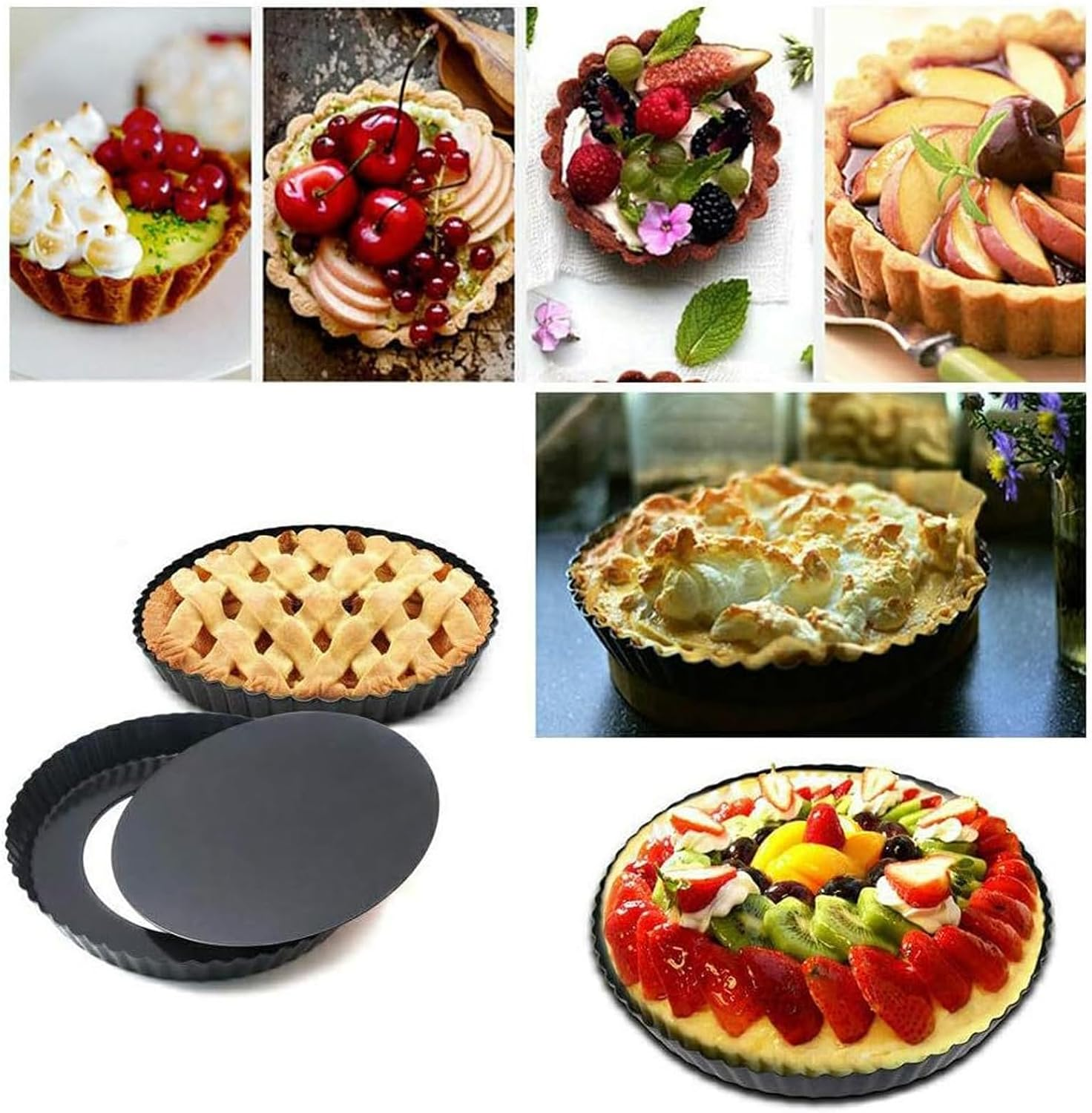 Eine Collage mit verschiedenen Obsttorten, einem Gitterkuchen, Backformen und einem gebackenen Kuchen.