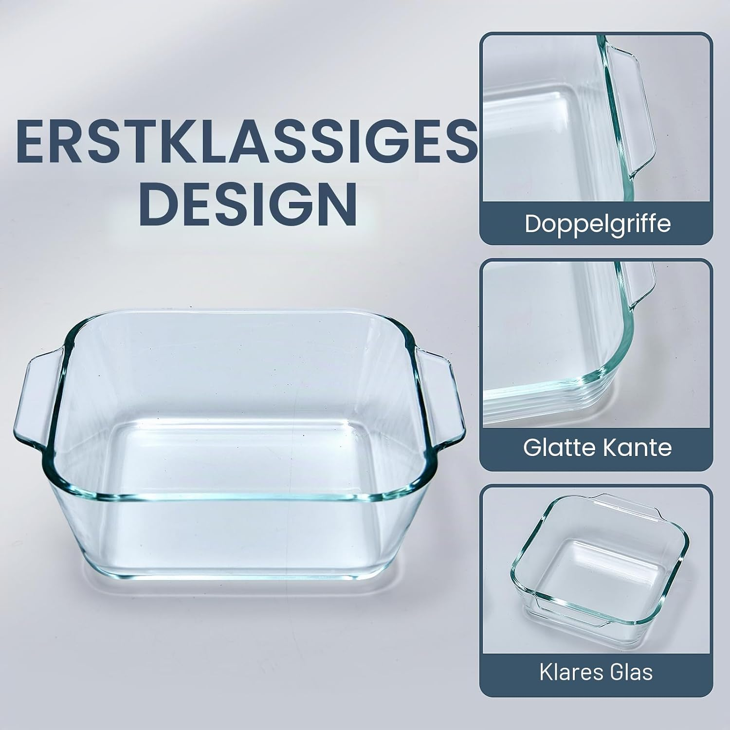 Eine klare Glas-Auflaufform mit Doppelgriffen, glatten Kanten und Draufsichten, die ihr erstklassiges Design zeigt.