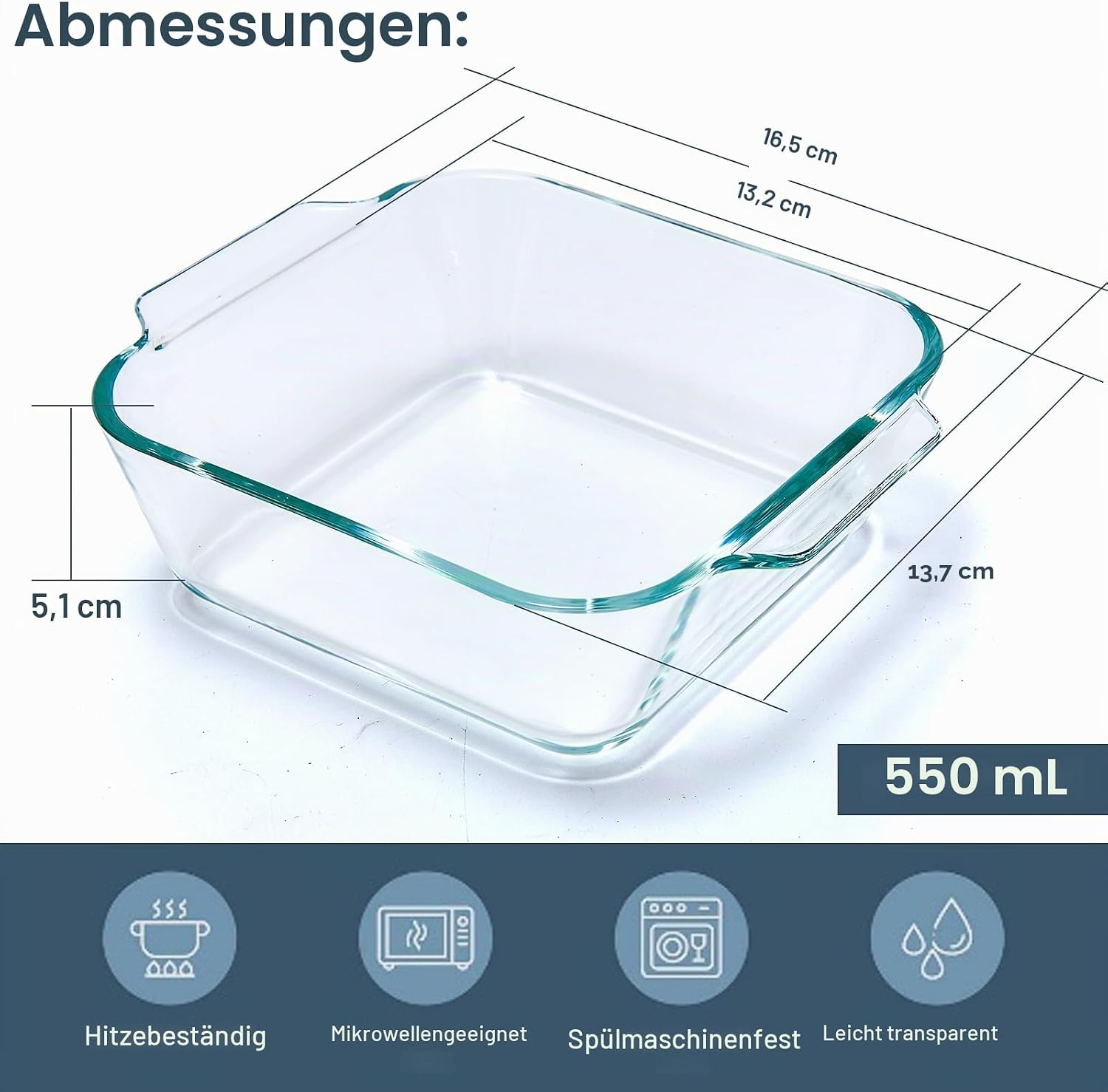 Quadratische Glasauflaufform mit den Maßen 16,5x13,2x5,1 cm und 550 ml Fassungsvermögen.
