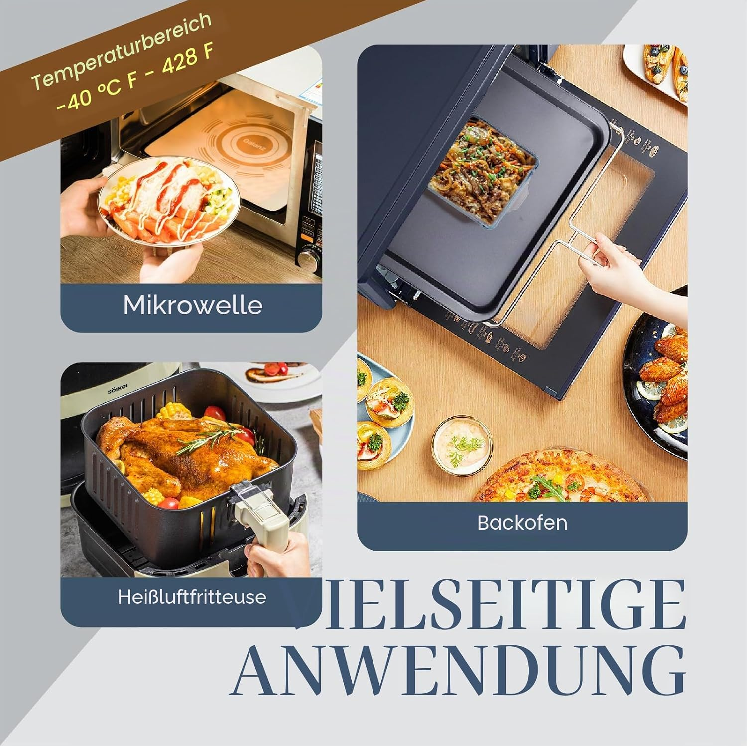 Verschiedene Küchengeräte wie Mikrowelle, Backofen und Heißluftfritteuse beim Zubereiten von Speisen.