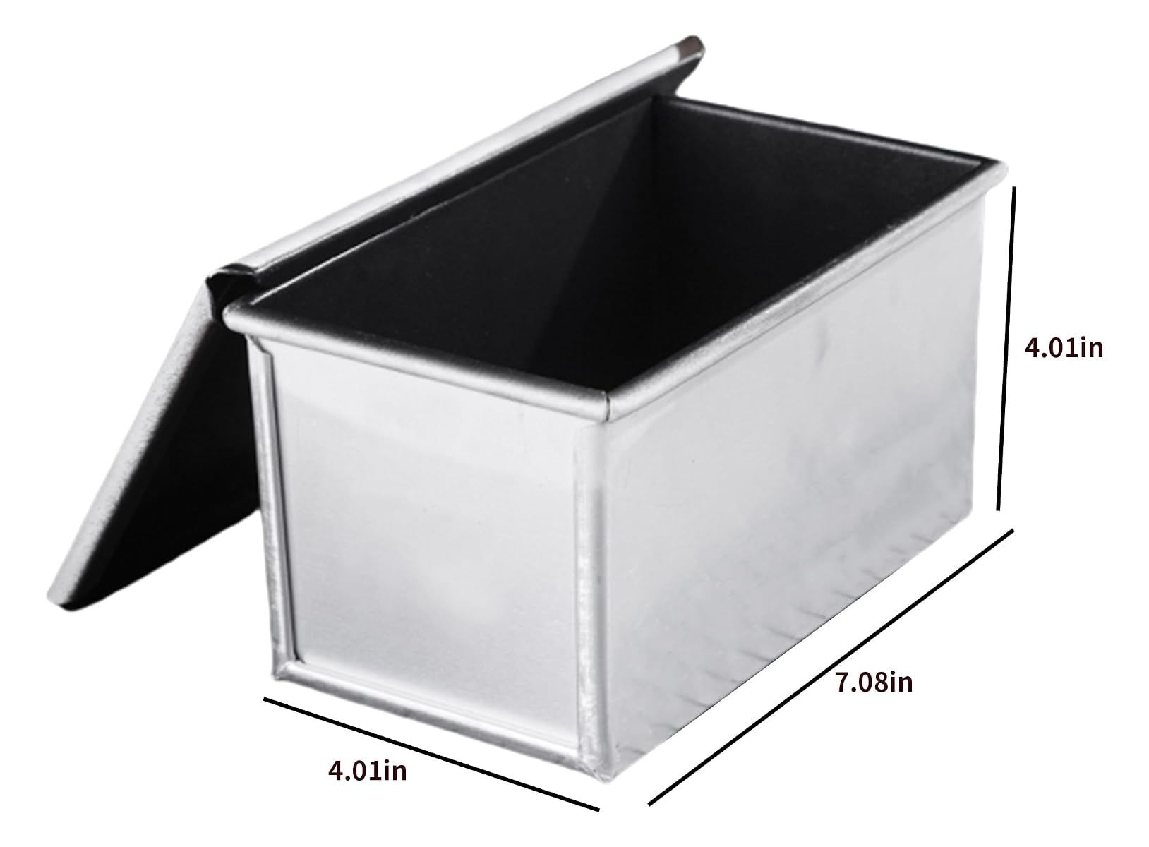 Eine silberne Kastenbackform mit schwarzem Innenraum und Maßen von 7,08 x 4,01 x 4,01 Zoll.
