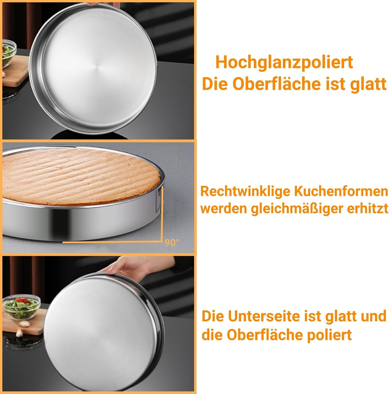 Drei Bilder zeigen eine runde, glänzende Edelstahl-Kuchenform, einmal leer, einmal mit Kuchen und einmal von unten.