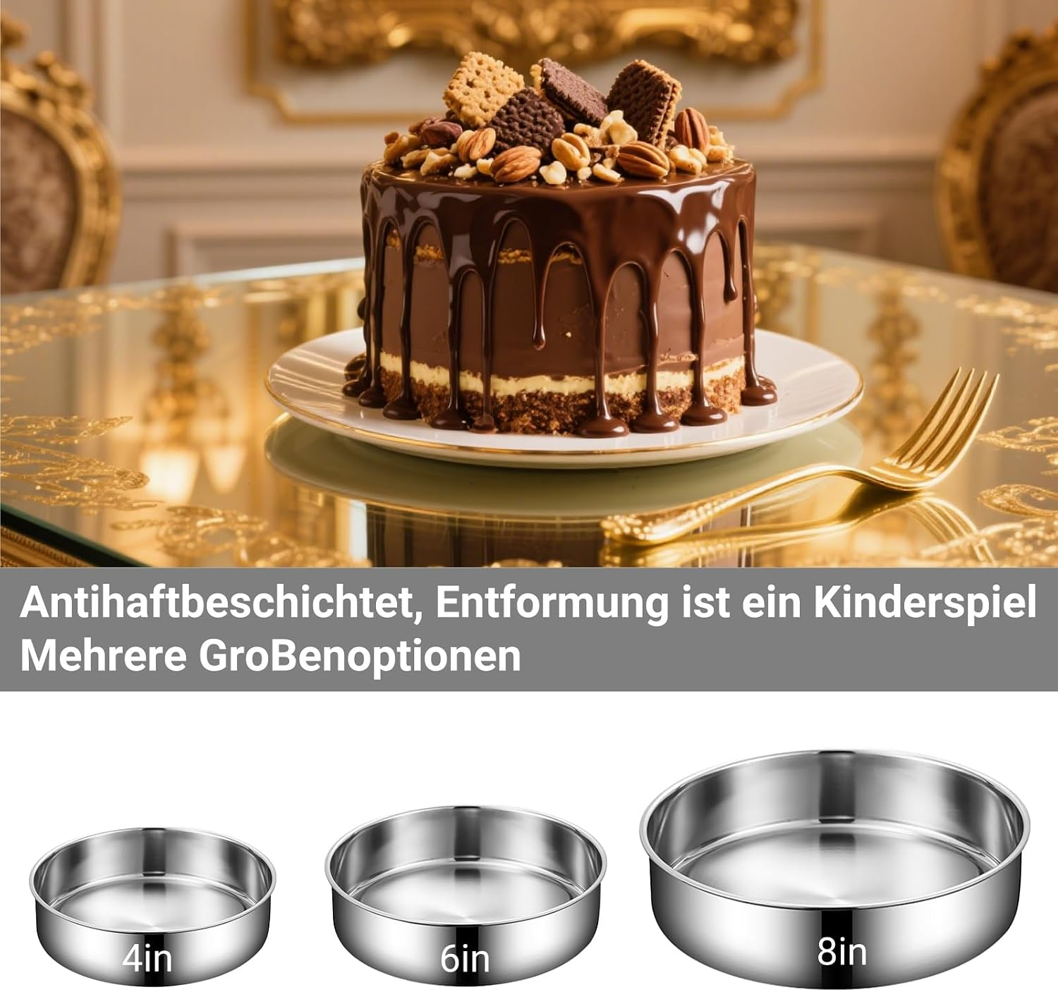 Schokoladentorte auf goldenem Tisch und drei Edelstahl-Backformen in den Größen 4, 6 und 8 Zoll.