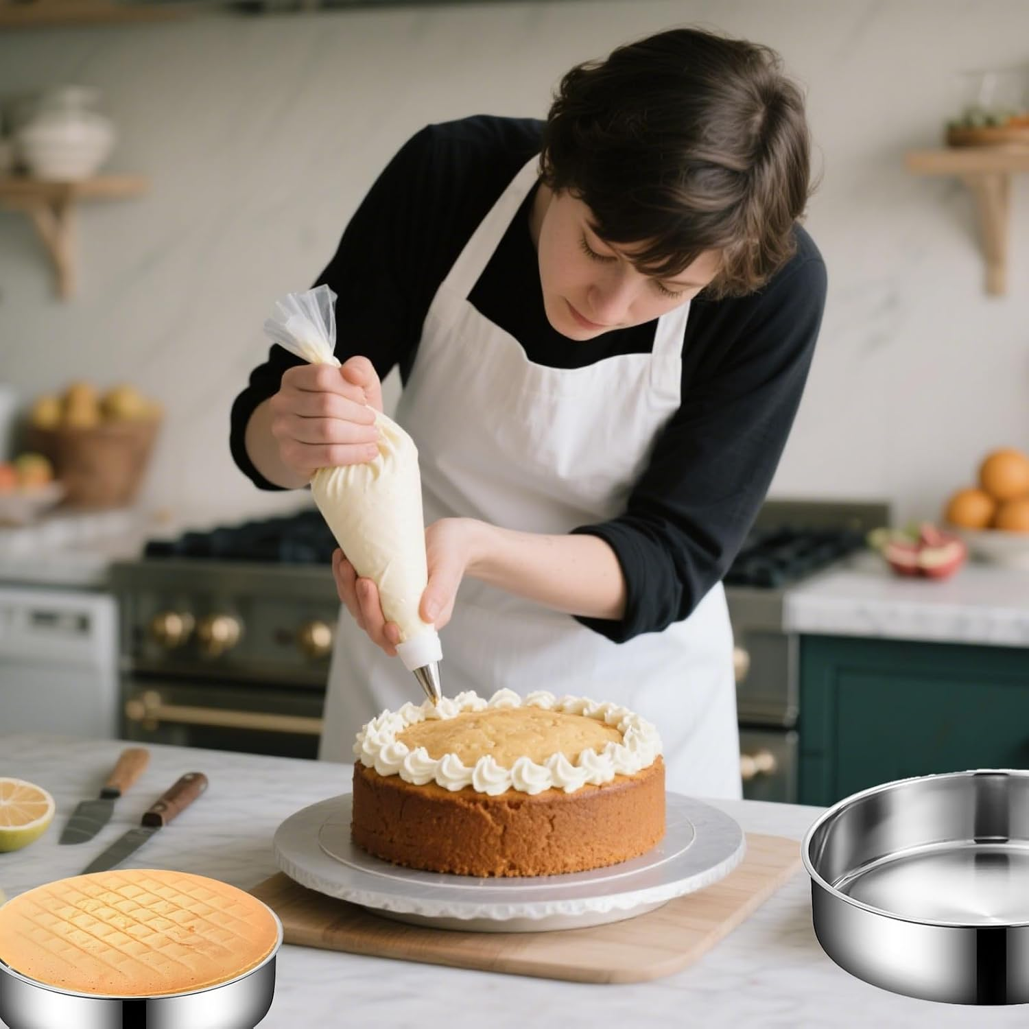Eine Person mit einer weißen Schürze verziert einen Kuchen mit Spritzbeutelcreme in einer Küche.