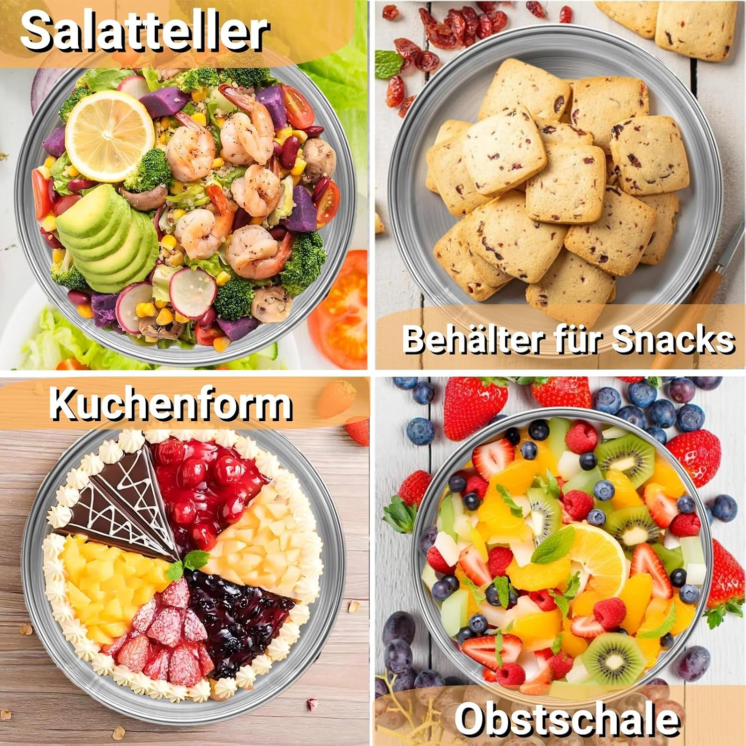 Vier Bilder von Edelstahlschüsseln mit Salat, Keksen, Kuchen und Obst, mit deutschen Texten.