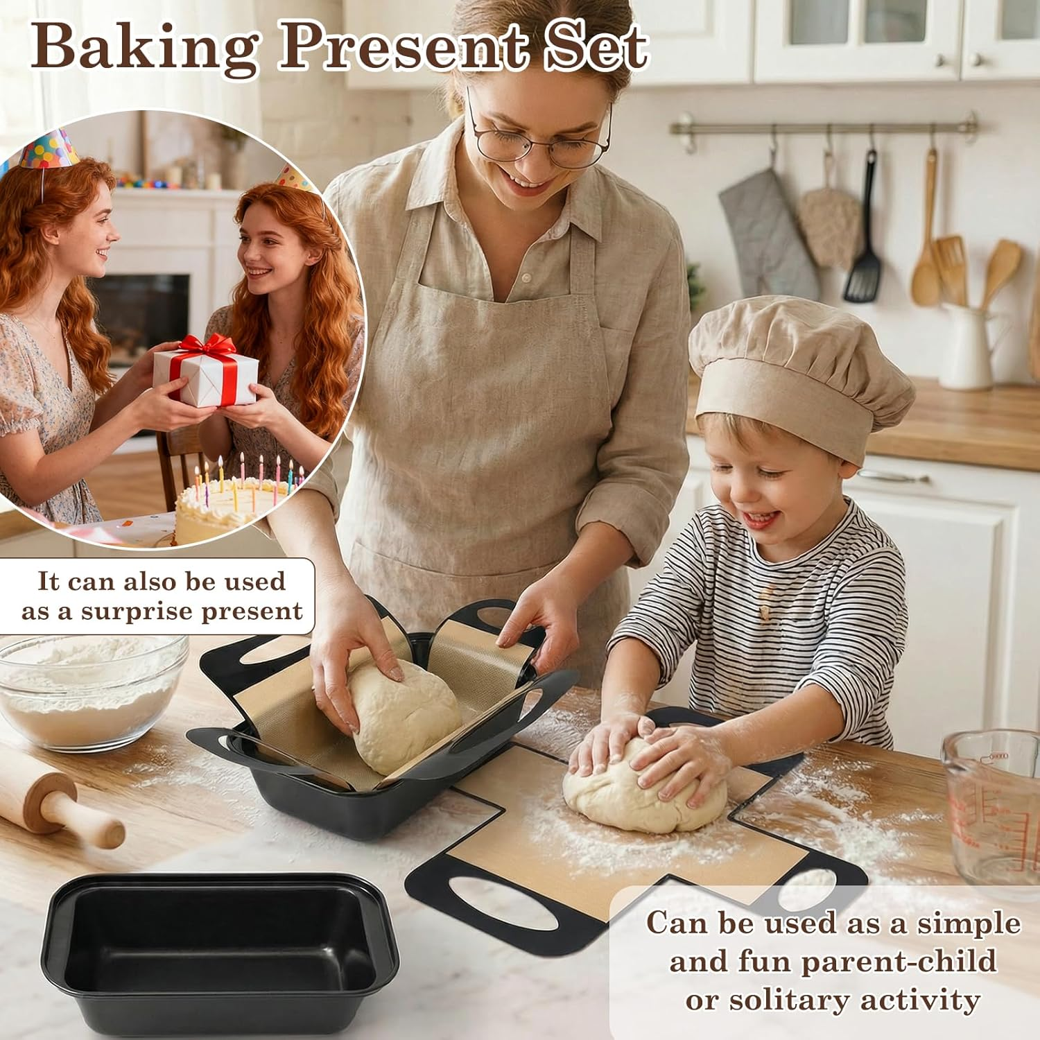 Eine Frau und ein Kind lächeln, während sie zusammen Teig backen, mit Inset für Geburtstagsgeschenk.