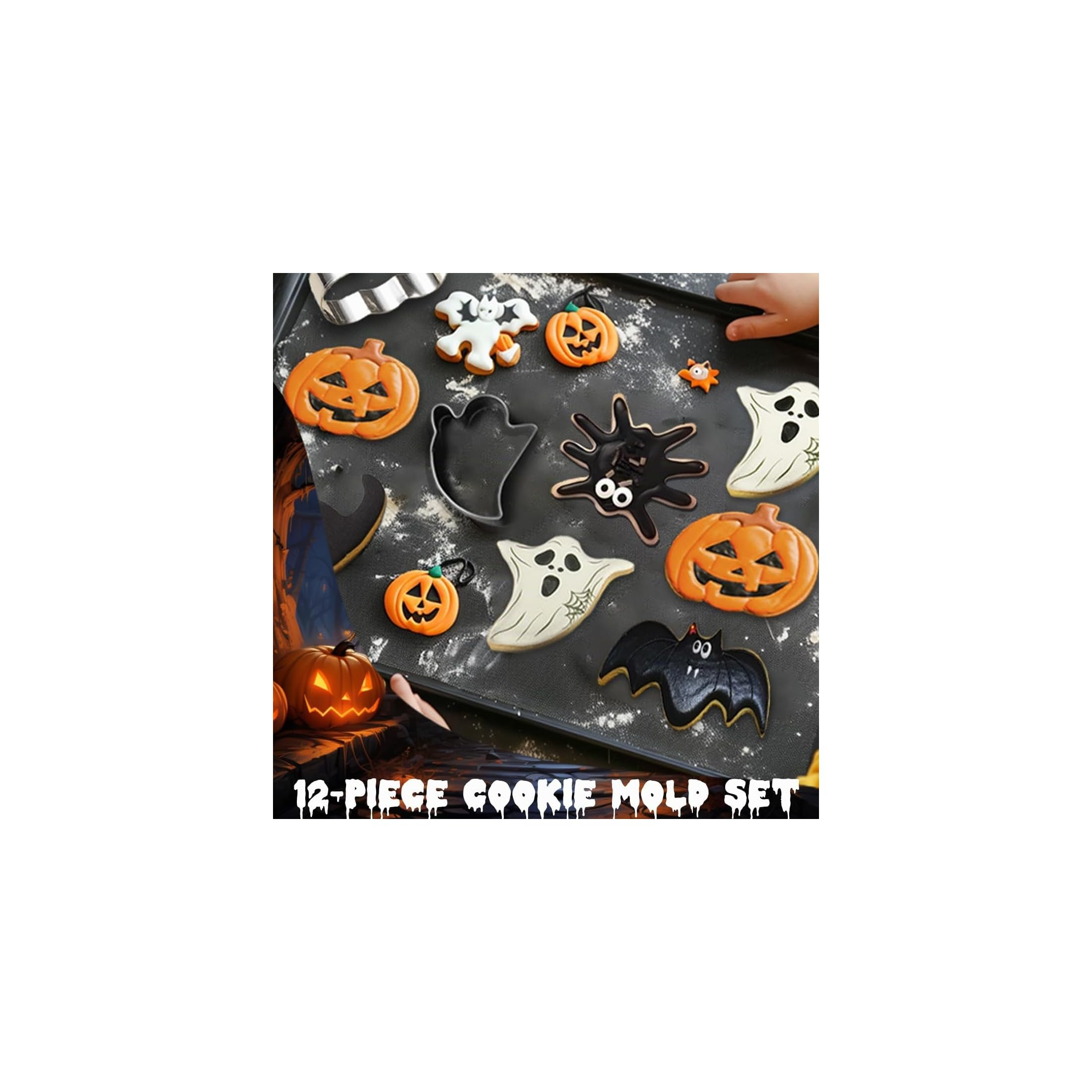 Halloween-Keksausstecher-Set mit verschiedenen gruseligen Motiven auf einem schwarzen Tablett.