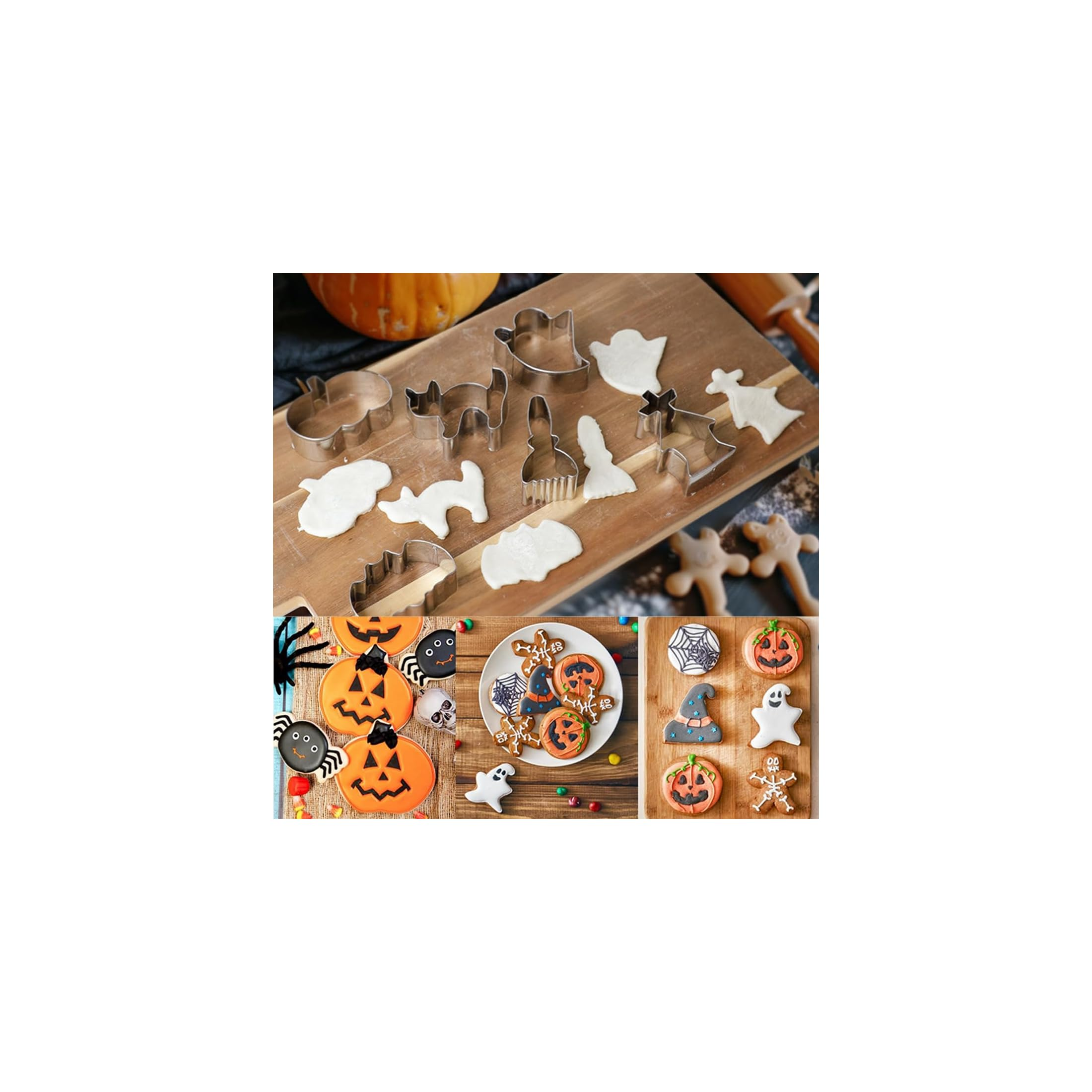 Halloween-Ausstechformen und dekorierte Kekse auf Holzoberflächen und Tellern.