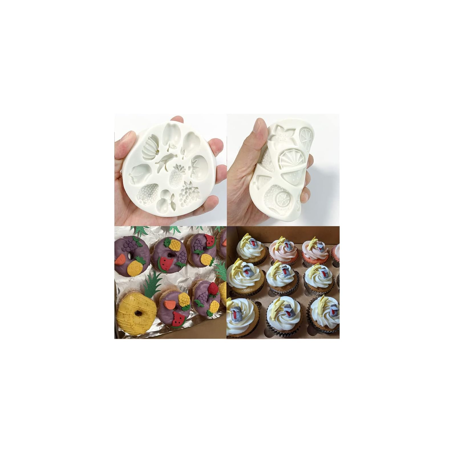 Weisse Silikonform mit Fruchtmotiven und dekorierte Muffins sowie Donuts in einer Schachtel.