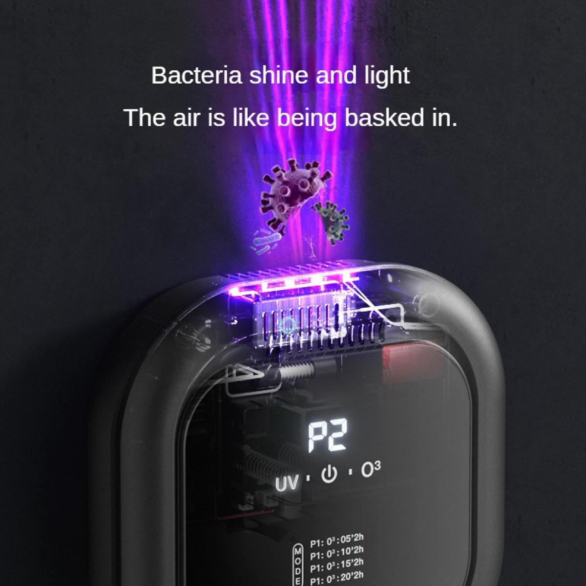 Ein schwarzes UV-Luftreinigungsgerät an der Wand mit violetten Lichtstrahlen und animierten Bakterien darüber.