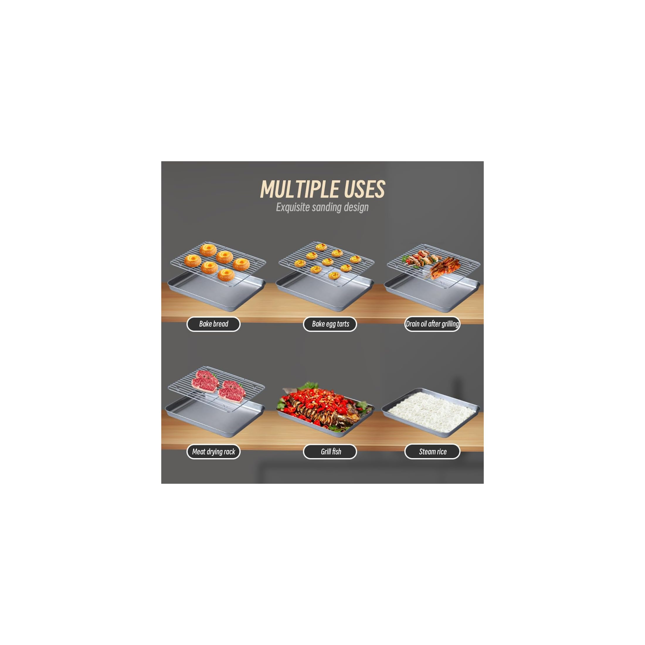 Sechs Bilder zeigen verschiedene Verwendungen des Backblechs: Brot backen, Tartelettes, Fett abtropfen, Fleisch, Fisch, Reis.