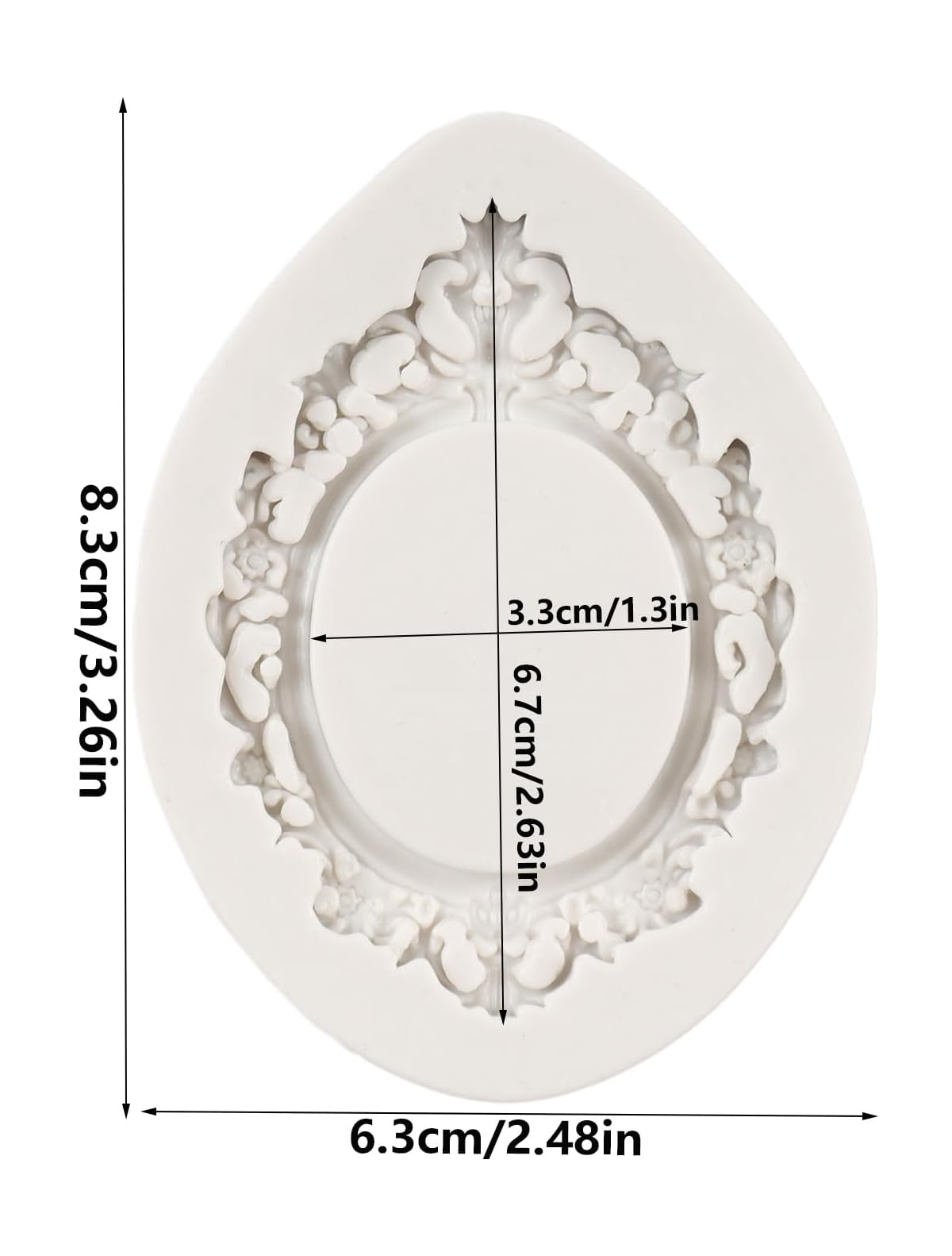 Weiße ovale Silikonform mit florospitzen Details und aufgedruckten Maßen.