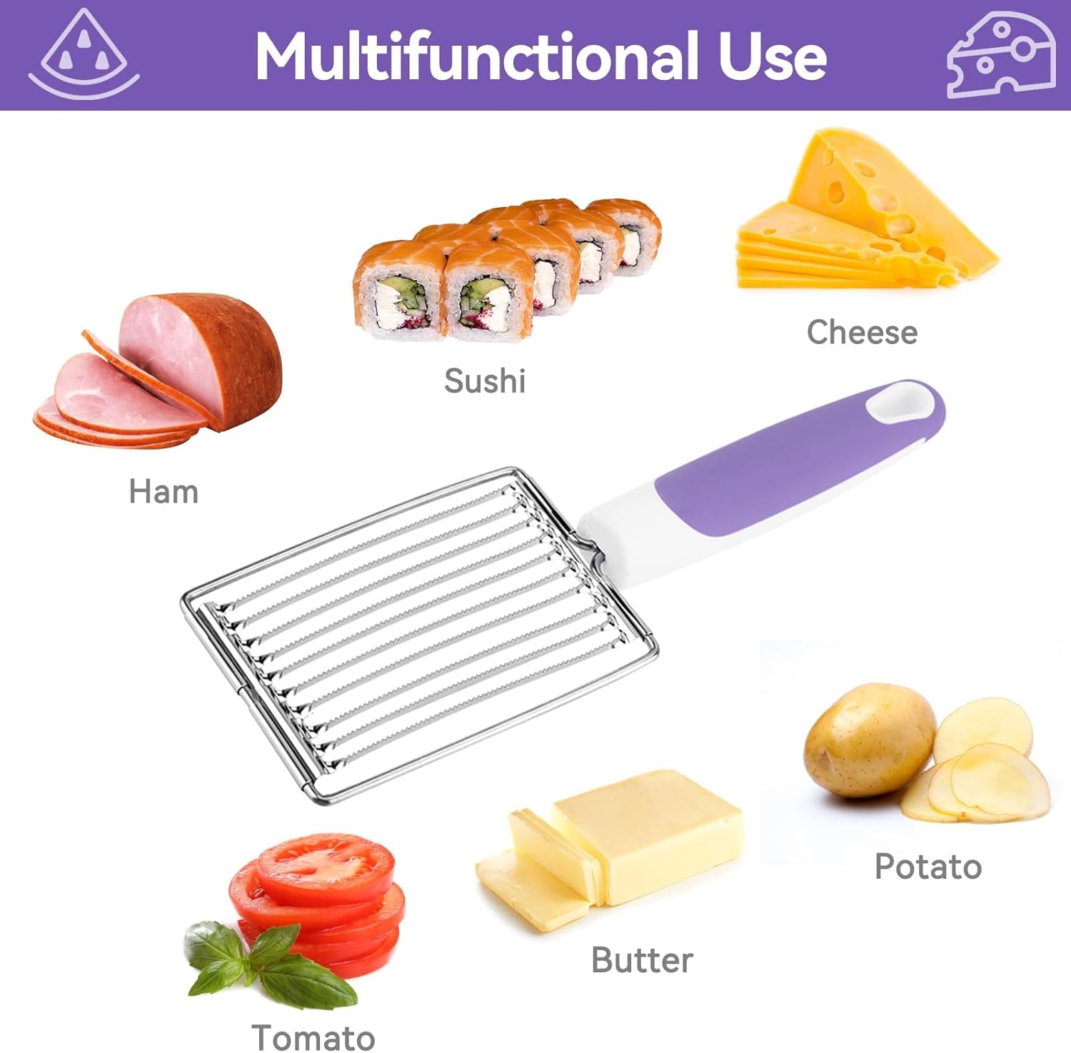 Ein multifunktionaler Gemüseschneider in der Mitte mit Lebensmitteln wie Schinken, Sushi, Käse, Tomate, Butter und Kartoffel.