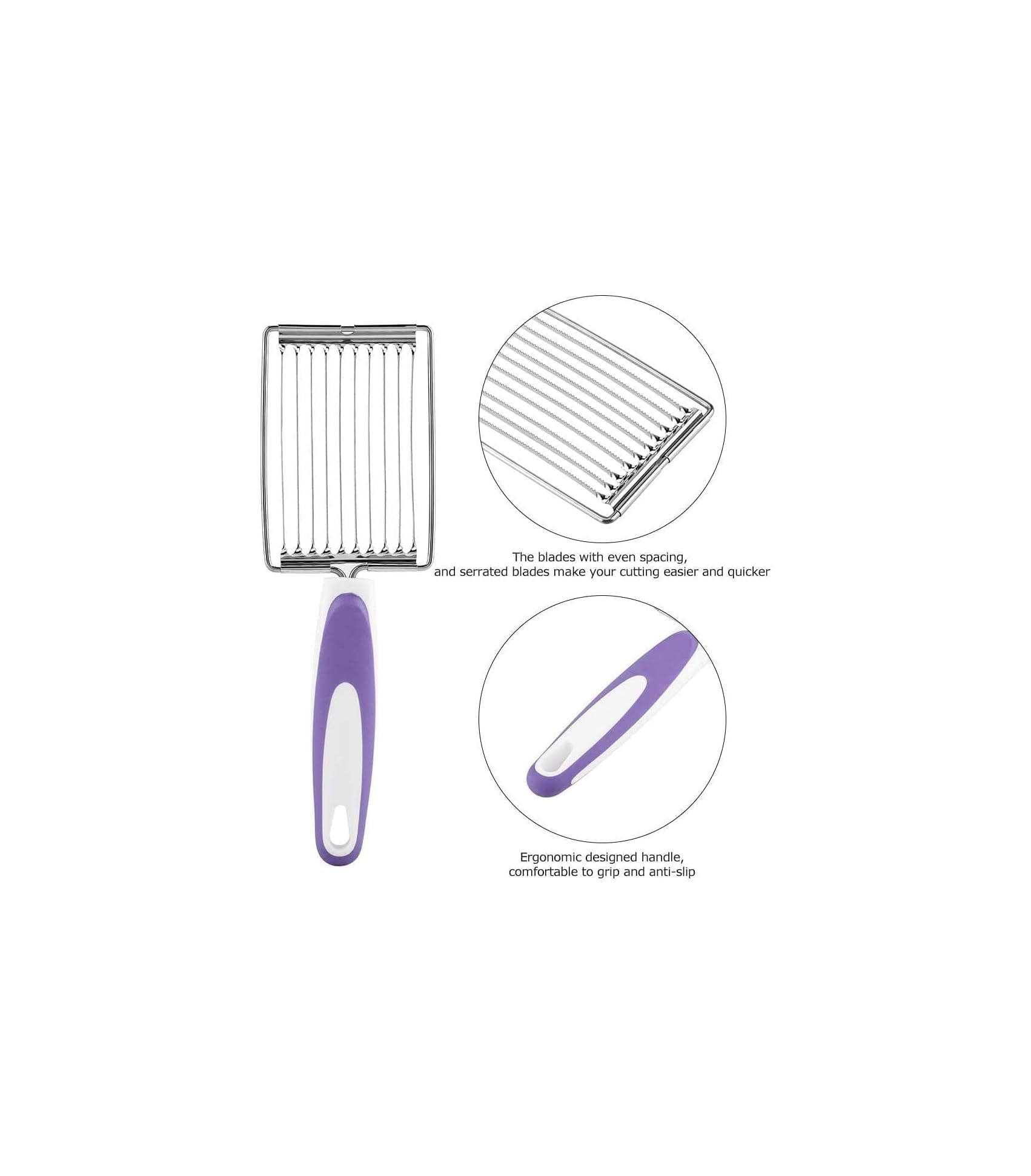 Ein Schneidewerkzeug aus Edelstahl mit violett-weißem ergonomischem Griff und parallelen Klingen.
