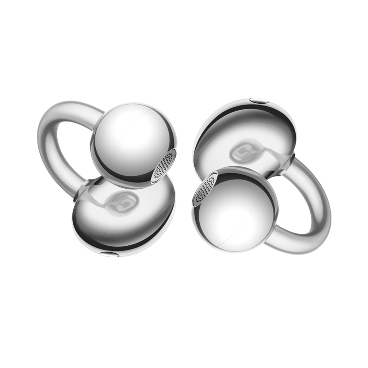 Zwei silberne, glänzende Ohrhörer mit rundem Ringdesign auf weißem Hintergrund.