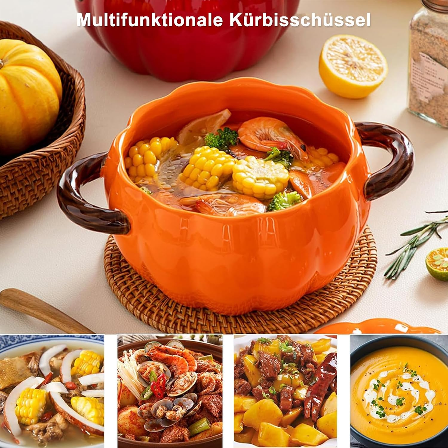 Eine orange kürbisförmige Schüssel mit Suppe mit Mais, Garnelen und Brokkoli.