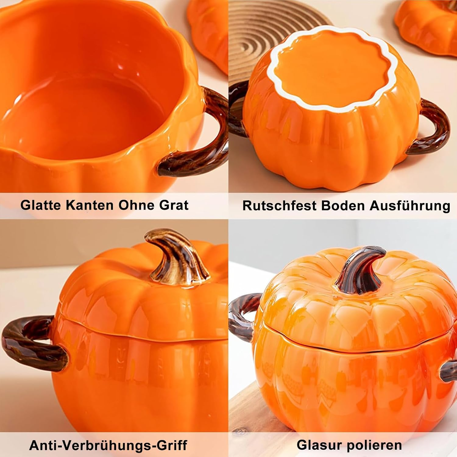 Vier Nahaufnahmen einer orangen Keramikschüssel in Kürbisform, die glatte Kanten, rutschfesten Boden, Griffe und Glasur zeigen.