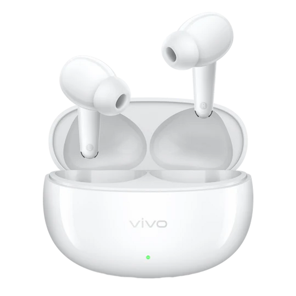 Weiße Vivo Wireless-Ohrhörer in einer offenen Ladebox mit grünem LED-Licht auf schwarzem Hintergrund.