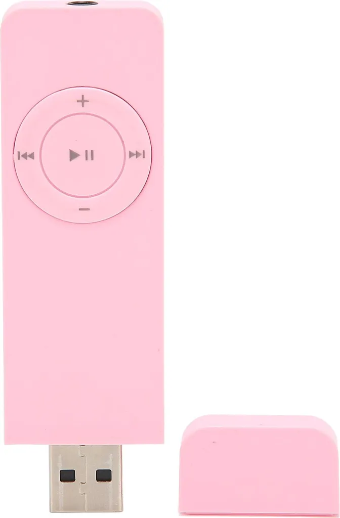 Rosa MP3-Player mit runder Steuerung, freiliegendem USB-Anschluss und separater Kappe.
