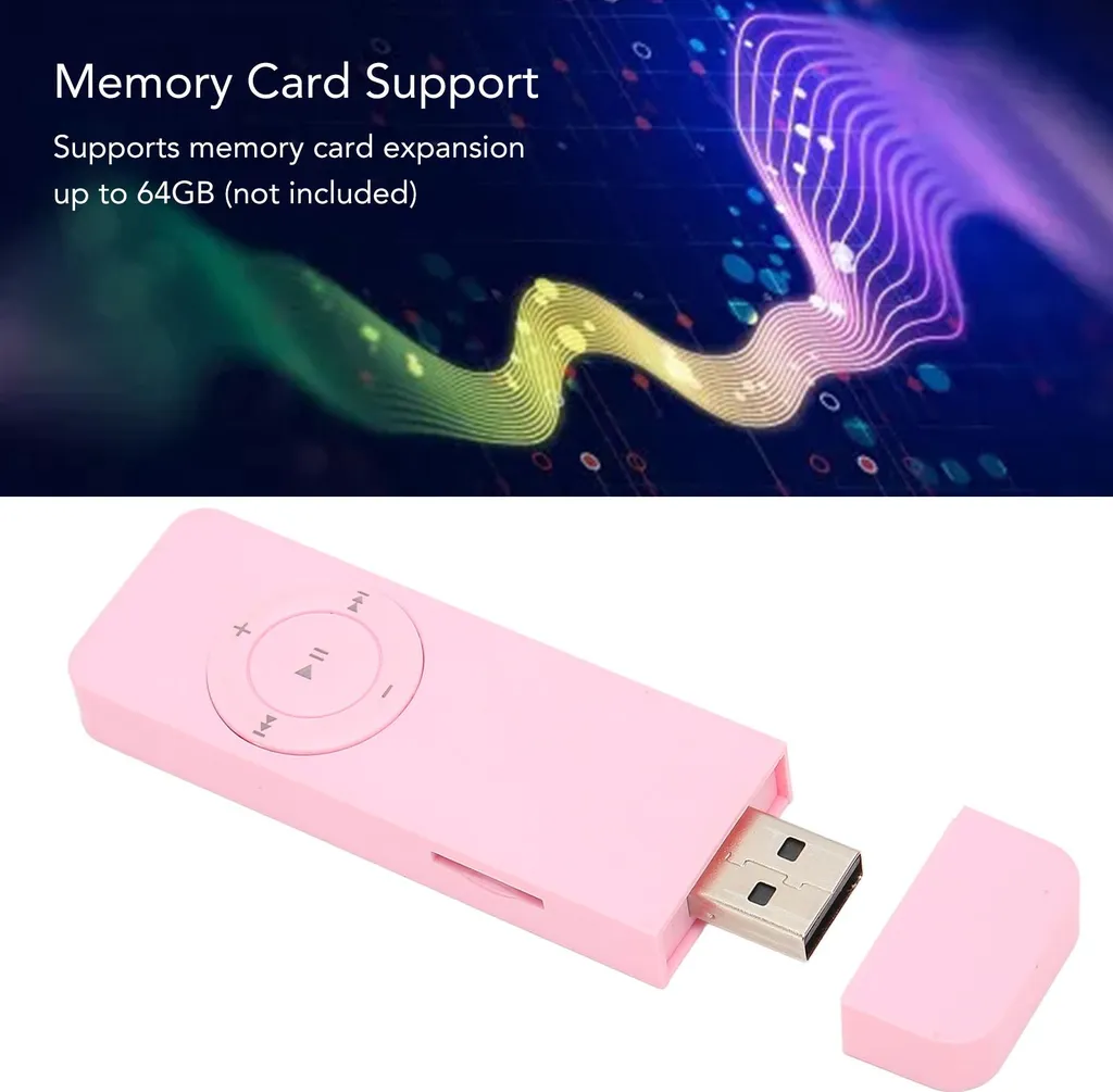 Ein pinker MP3-Player mit USB-Anschluss und runder Steuerung vor schwarzem Hintergrund.