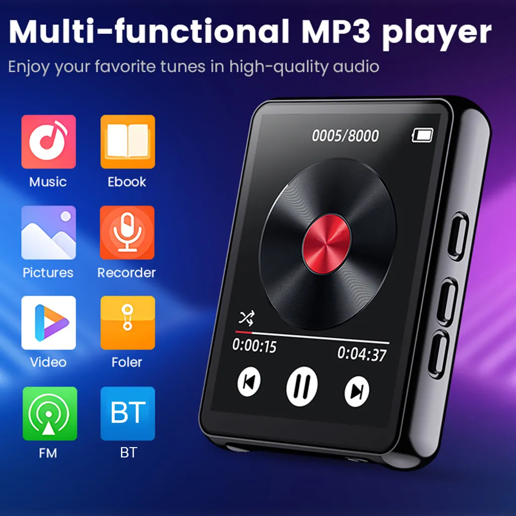 Schwarzer MP3-Player mit Display, umgeben von bunten App-Symbolen auf blauem Hintergrund.