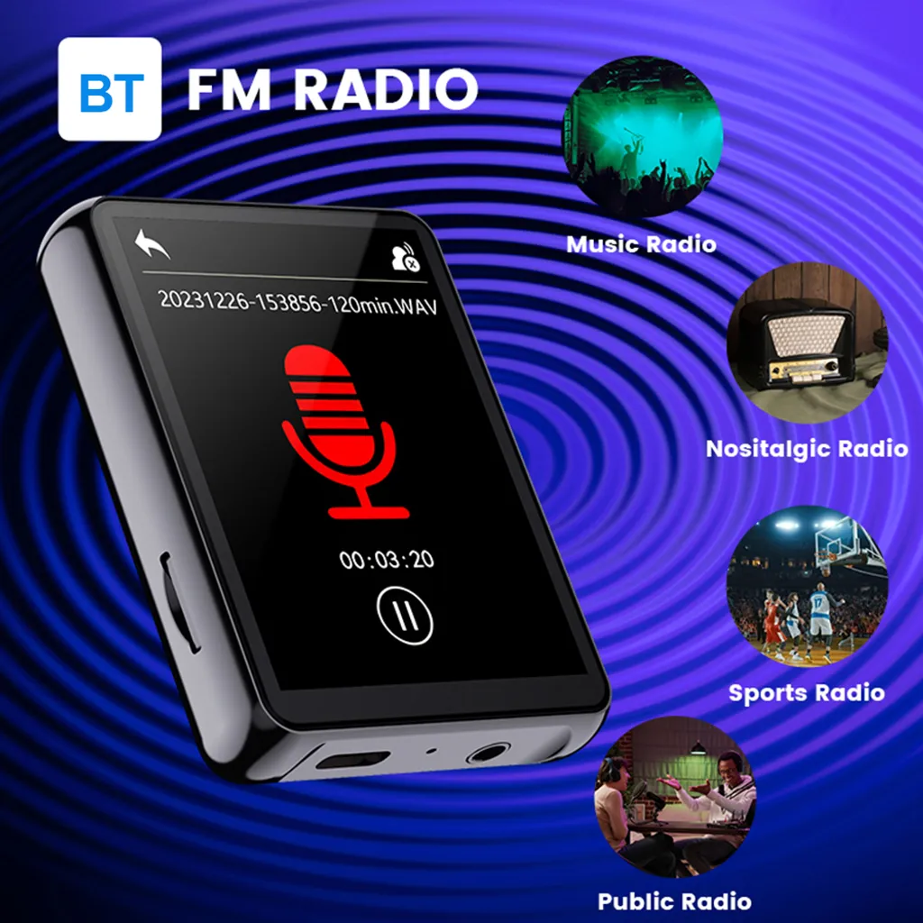 Ein schwarzer digitaler Diktiergerät vor blauem Spirale-Hintergrund mit runden Ausschnitten zu Musik, Retro-, Sport- und Radio.