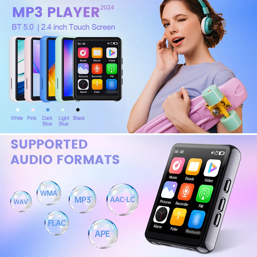 MP3-Player in verschiedenen Farben, ein Mädchen mit Skateboard und unterstützte Audioformate.