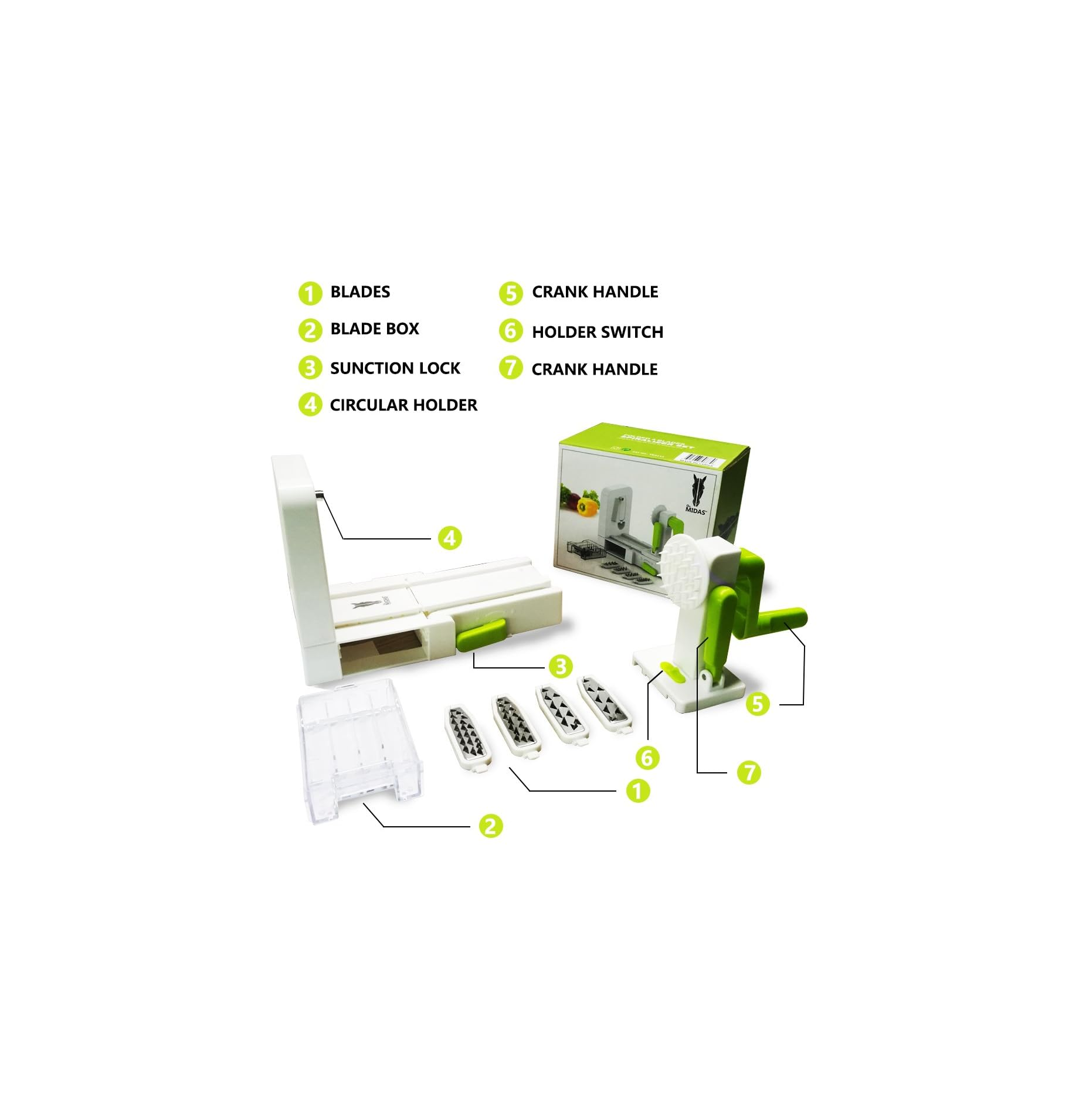 Diagramm eines Gemüseschneckenschneiders mit nummerierten Teilen wie Klingen, Box und Kurbel.