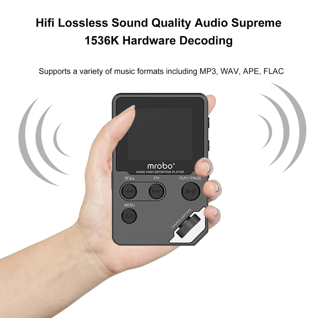 Eine Hand hält einen grauen Mrobo MP3-Player mit Knöpfen und einem Scrollrad, umgeben von Schallwellen.