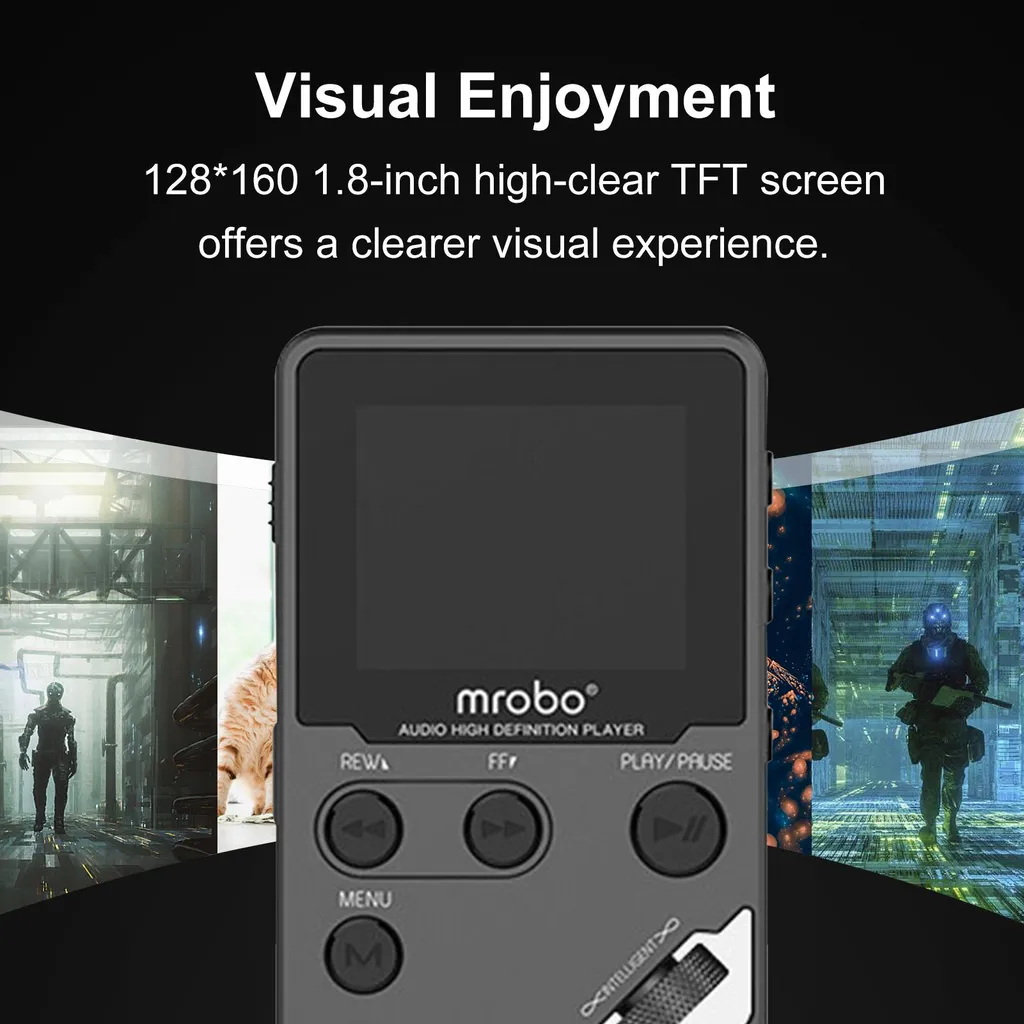Ein tragbarer Mrobo-Audioplayer mit Display und Tasten vor einem Hintergrund mit Spielegrafiken.