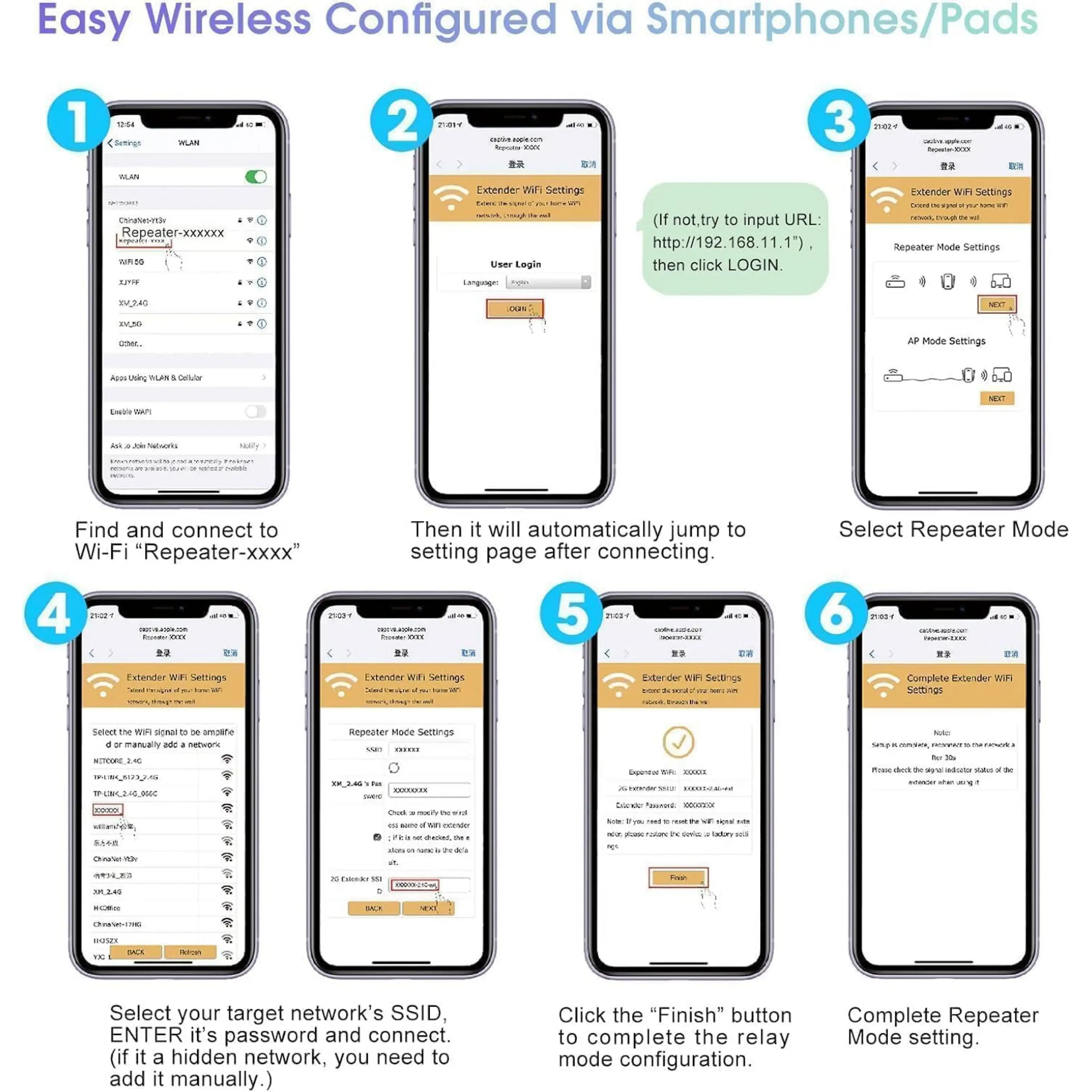 Sechs Schritt für Schritt Anweisungen zur Einrichtung eines WLAN-Verstärkers über das Smartphone.