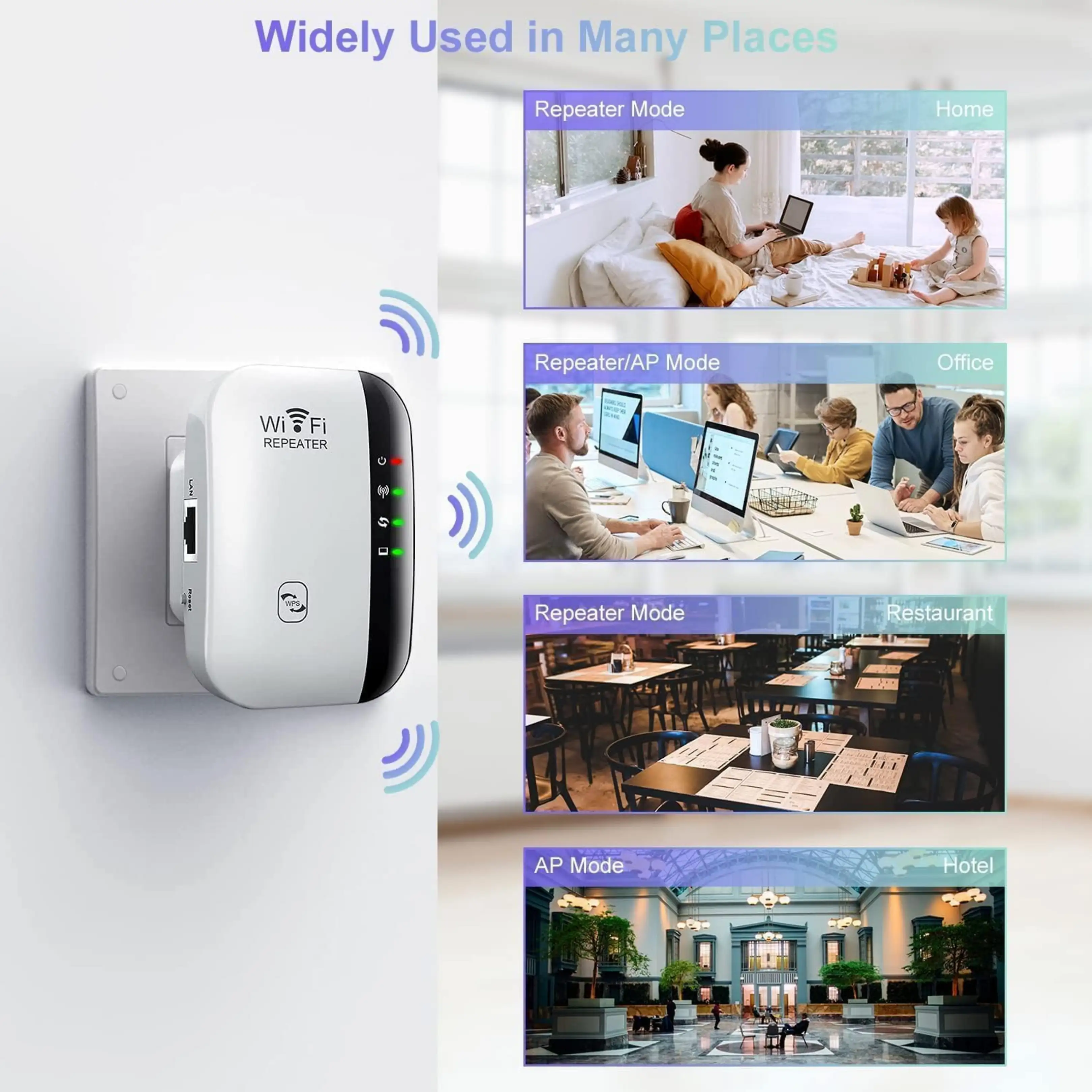 Weißer WLAN-Repeater in einer Steckdose mit Beispielen für den Einsatz zu Hause, im Büro, Restaurant und Hotel.