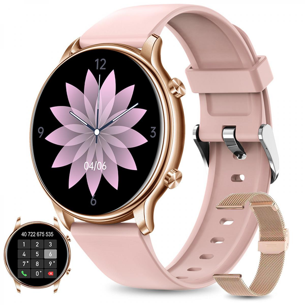 Eine rosafarbene Smartwatch mit rundem Gehäuse, Blumenzifferblatt, Silikonarmband und einem austauschbaren Metallarmband.