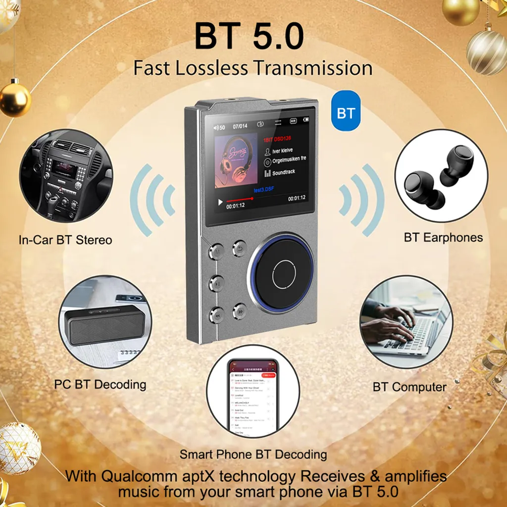 Ein tragbarer Bluetooth 5.0 Musikplayer mit Verbindungen zu Auto, Ohrhörern, PC, Computer und Smartphone.