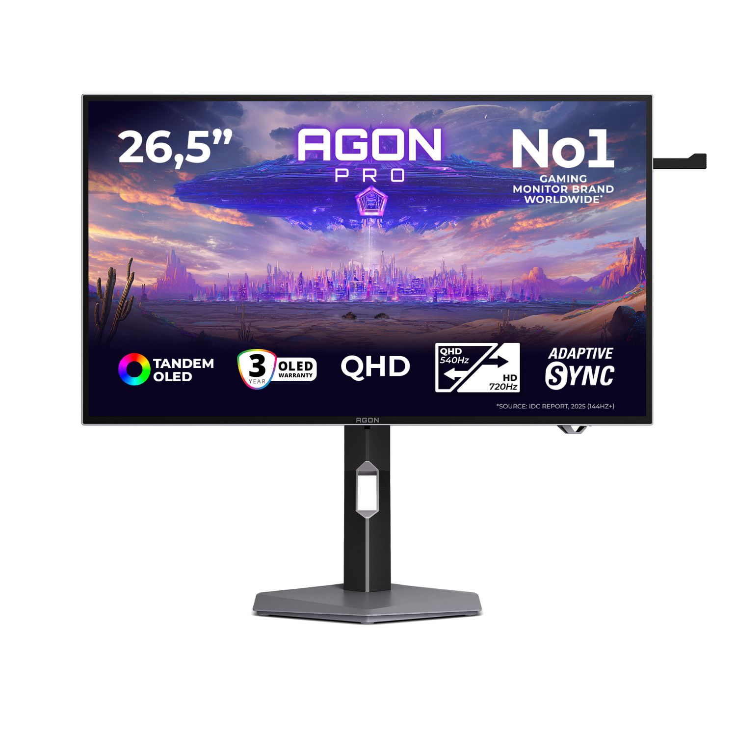Un monitor de juegos Agon Pro con una ciudad futurista y texto sobre características OLED y QHD.