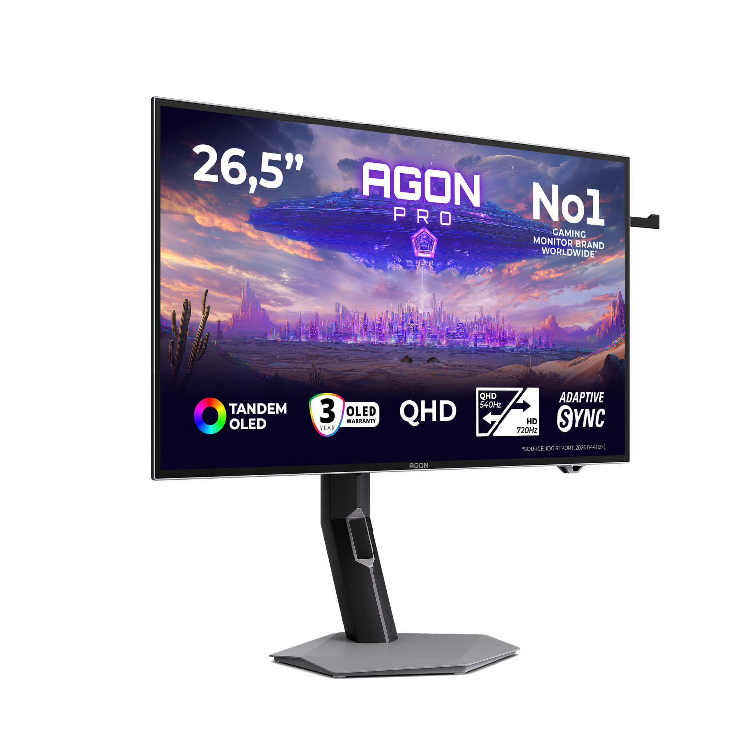 Monitor gaming OLED Agon Pro de 26,5 pulgadas con un paisaje urbano futurista en pantalla.