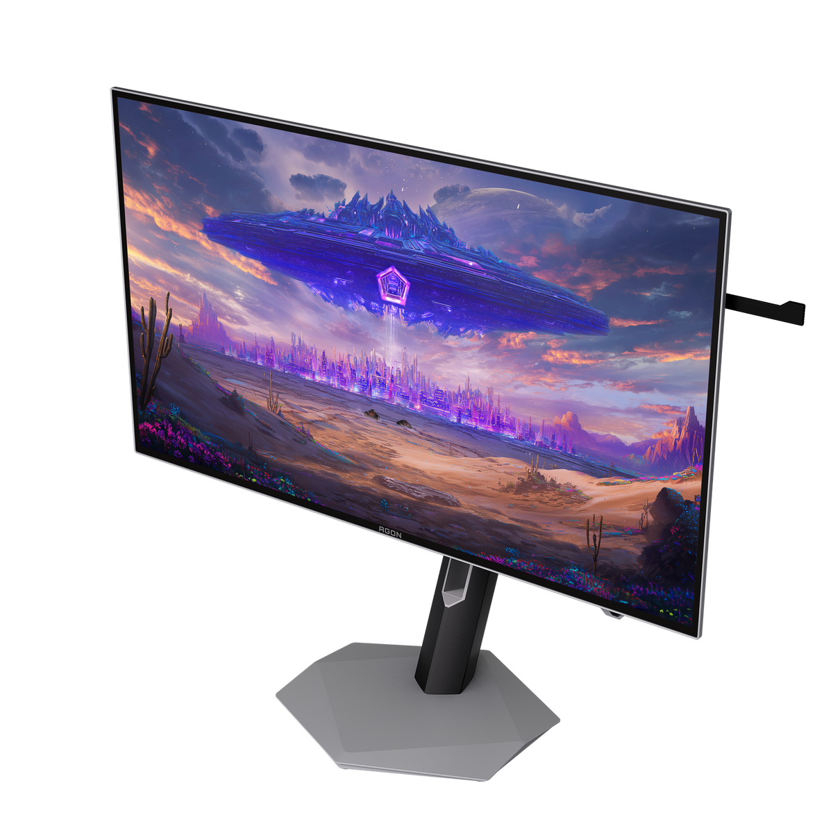 Un monitor negro con soporte plateado muestra una imagen de ciencia ficción con una nave espacial sobre una ciudad.