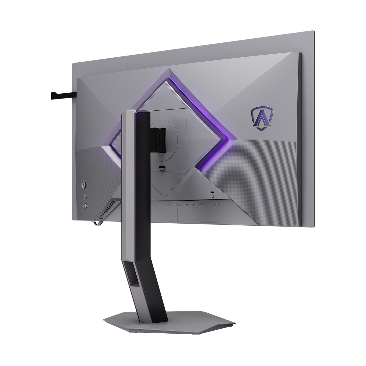 Vista trasera de un monitor gaming plateado con iluminación LED morada y soporte angular sobre fondo negro.