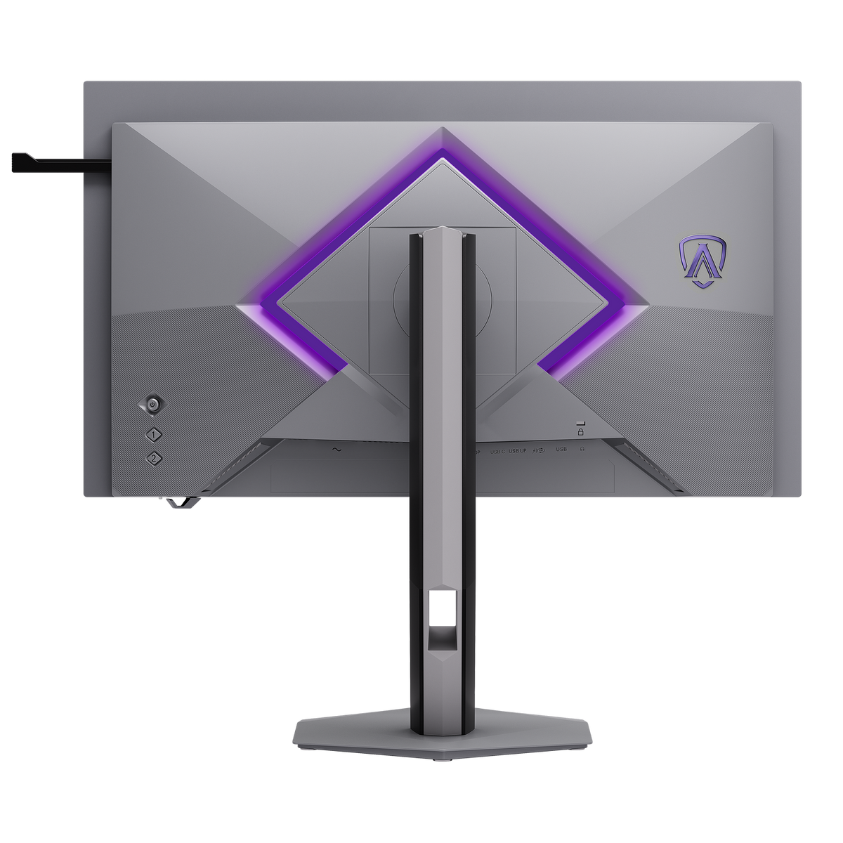 Vista trasera de un monitor de juegos plateado con iluminación LED morada en rombo y un soporte.