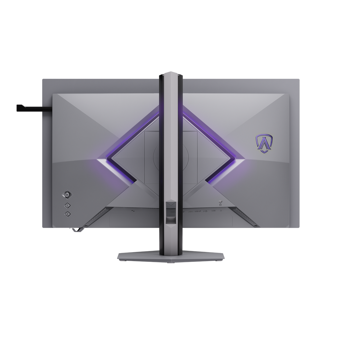 Parte trasera de un monitor gris con soporte vertical, iluminación púrpura y un logotipo sobre fondo negro.