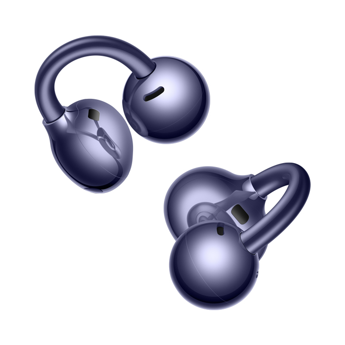 Twee glanzende paarse open-ear draadloze oordopjes met een gebogen boogontwerp op wit.