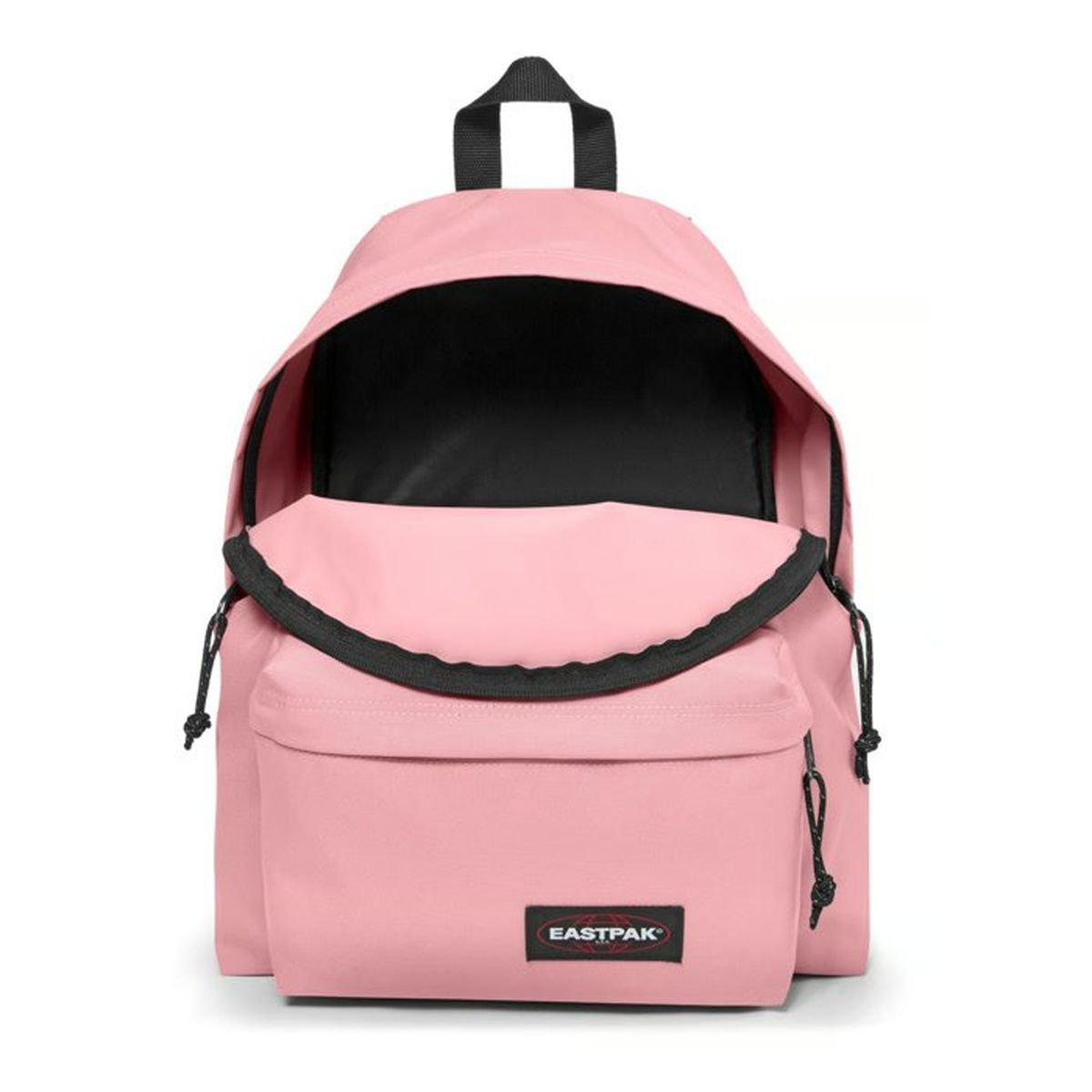Rosa Eastpak-Rucksack mit geöffnetem Hauptfach und schwarzem Logo vorne auf weißem Grund.