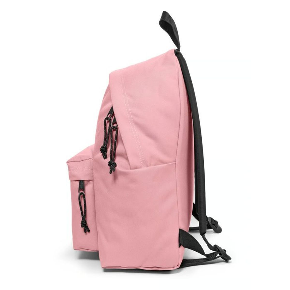 Seitenansicht eines rosa Rucksacks mit schwarzen Gurten vor weißem Hintergrund.