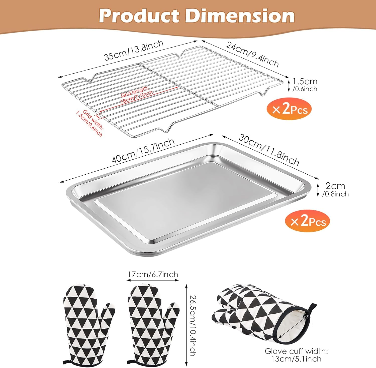Produktabmessungen für zwei Edelstahlgitter, zwei Backbleche und Ofenhandschuhe mit geometrischem Muster.
