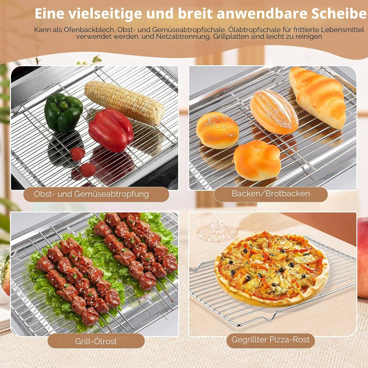 Ein Metalldrahtgitter in vier Anwendungen: Gemüse abtropfen, Brot backen, Spieße grillen, Pizza kühlen.